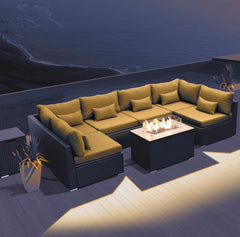 Modenzi Outdoor Sectional Patio Furniture with Propane Fire Pit Table Espresso Brown Wicker Resin Garden Conversation Sofa Set (G7 Sofa Rectangular Fire Pit, Dark Beige)