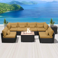 Modenzi Outdoor Sectional Patio Furniture with Propane Fire Pit Table Espresso Brown Wicker Resin Garden Conversation Sofa Set (G7 Sofa Rectangular Fire Pit, Dark Beige)
