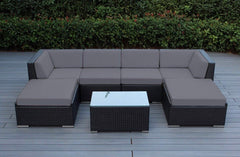 Ohana 7-Piece Outdoor Patio Furniture Sectional Conversation Set, Black Wicker with Gray Cushions - No Assembly with Free Patio Cover