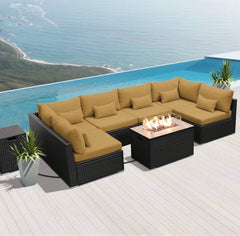 Modenzi Outdoor Sectional Patio Furniture with Propane Fire Pit Table Espresso Brown Wicker Resin Garden Conversation Sofa Set (G7 Sofa Rectangular Fire Pit, Dark Beige)