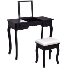 Modern Vanity Dressing Table Set Mirrored Bathroom Furniture With Stool Table Black Make Up Dresser Desk HW56231BK