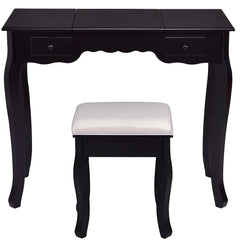 Modern Vanity Dressing Table Set Mirrored Bathroom Furniture With Stool Table Black Make Up Dresser Desk HW56231BK