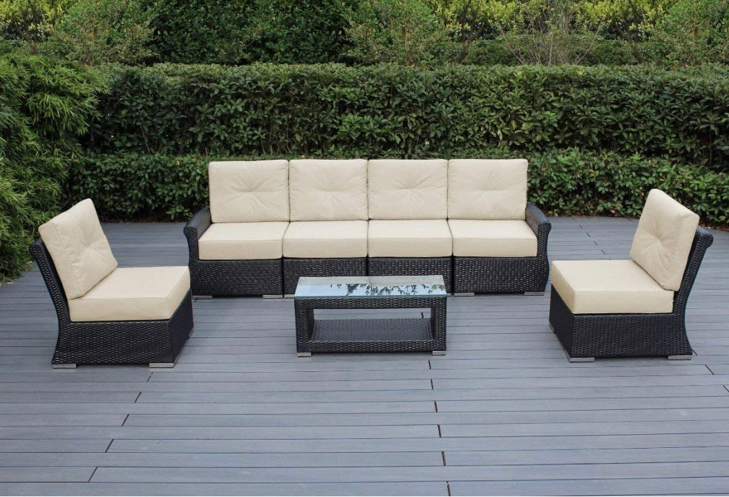 Ohana Luxury Outdoor Patio Furniture Collection 7 pc Tall Back Set with Sunbrella Cover (Sunbrella Beige) with Free Patio Cover