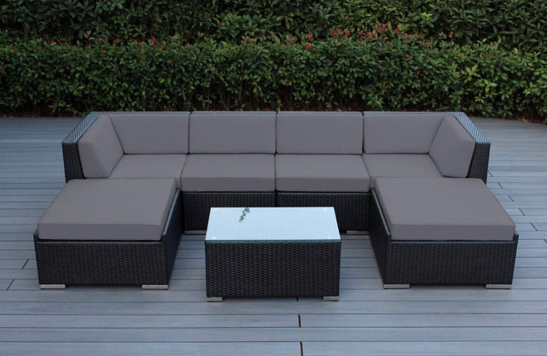 Ohana 7-Piece Outdoor Patio Furniture Sectional Conversation Set, Black Wicker with Gray Cushions - No Assembly with Free Patio Cover