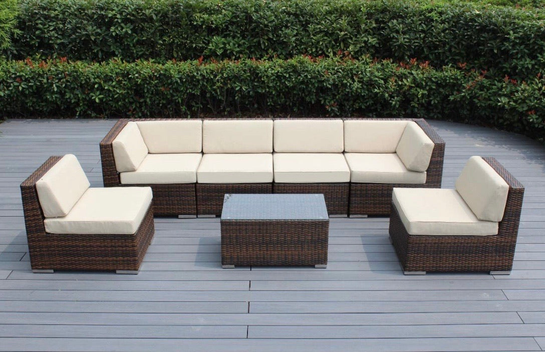 Ohana 7-Piece Outdoor Patio Furniture Sectional Conversation Set, Mixed Brown Wicker with Beige Cushions - No Assembly with Free Patio Cover