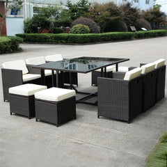 11 Pcs Wicker Rattan Patio Outdoor Dinning Cushion Seat Tables and Chairs High Quality Garden Furniture HW52190+