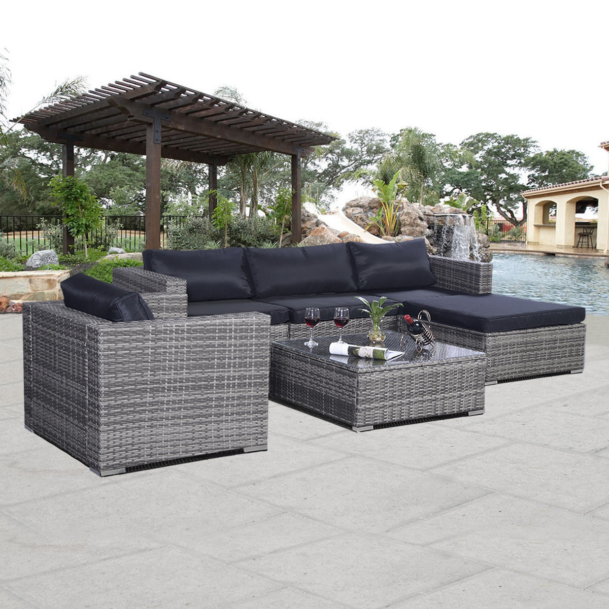 Costway 6pc Patio Sofa Furniture Set Pe Rattan Couch Outdoor Cushioned Gray
