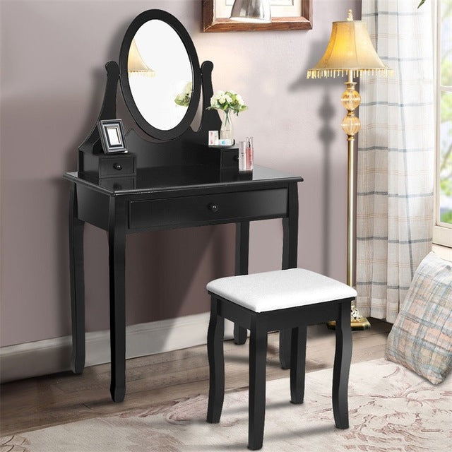 COSTWAY Vanity Wooden Makeup Dressing Table Stool Set HW55560