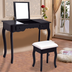 Modern Vanity Dressing Table Set Mirrored Bathroom Furniture With Stool Table Black Make Up Dresser Desk HW56231BK